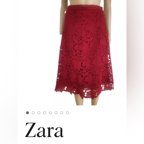 ZARA💫Women’s Burgundy Crochet Lace Overlay Mid Length Skirt - Picture 3 of 11